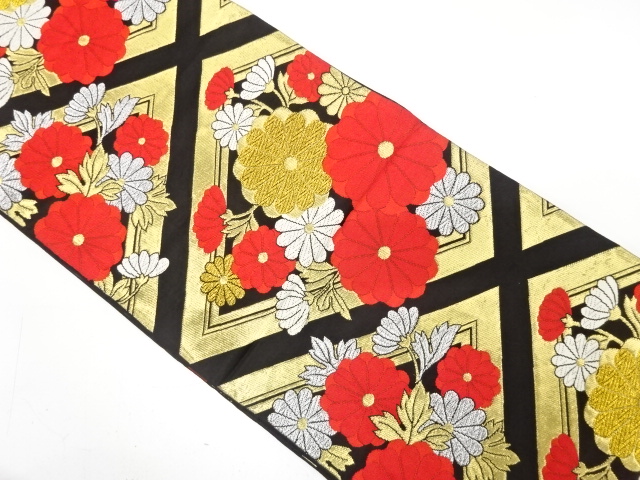 JAPANESE KIMONO / ANTIQUE FUKURO OBI / SILK / WOVEN KIKU & RHOMBUS